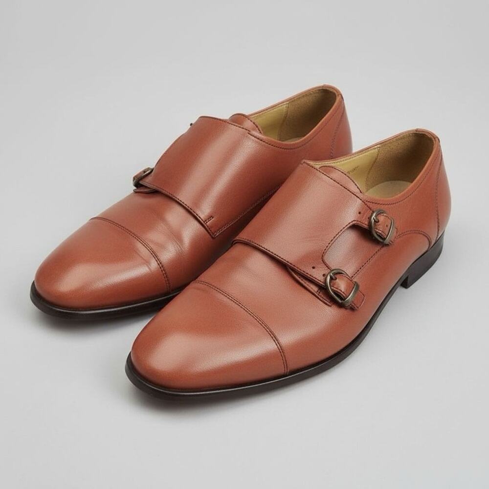 REISS Cognac Rivington Leather Double Monk Strap Dress Shoes Almond Toe Formal